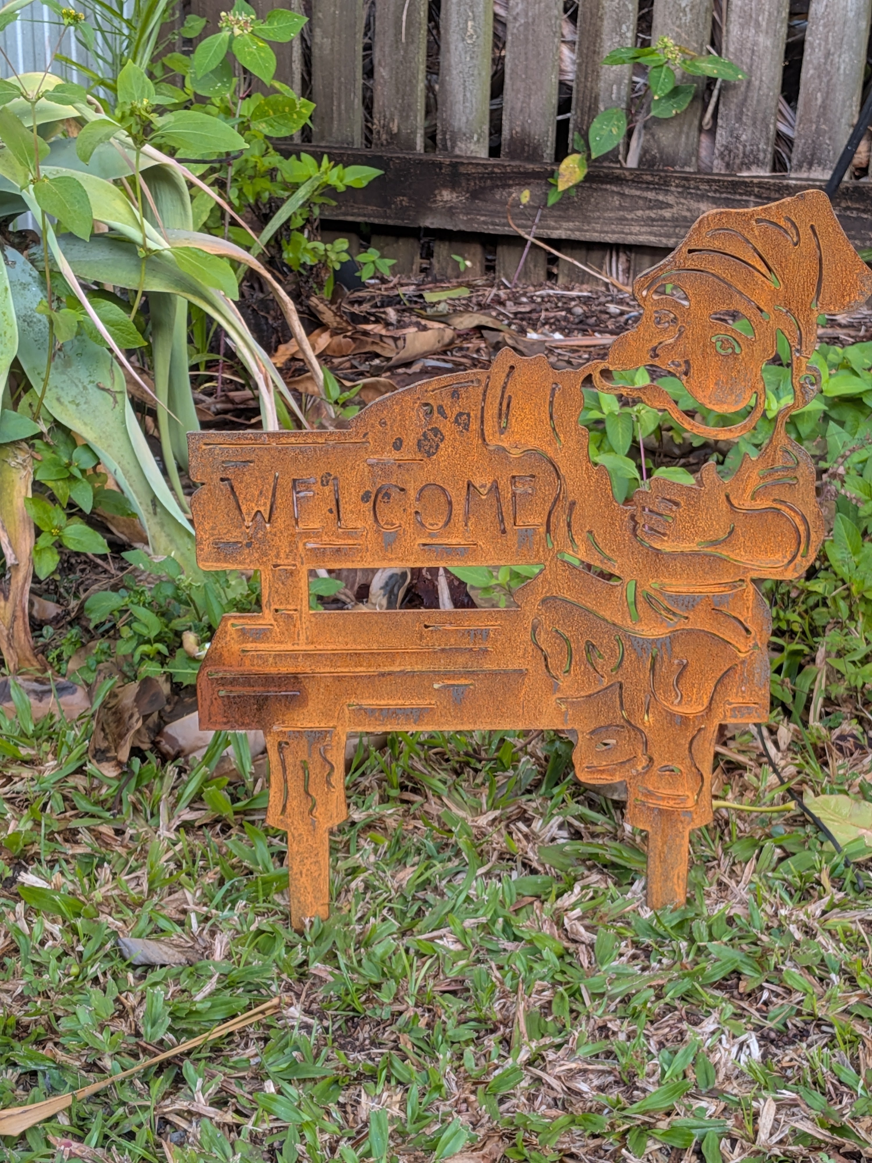 Rustic Corten Steel Garden Gnome (Welcome Sign on Bench)