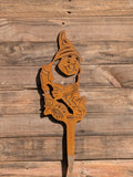 Rustic Corten Steel Garden Gnome (Sitting on Log)
