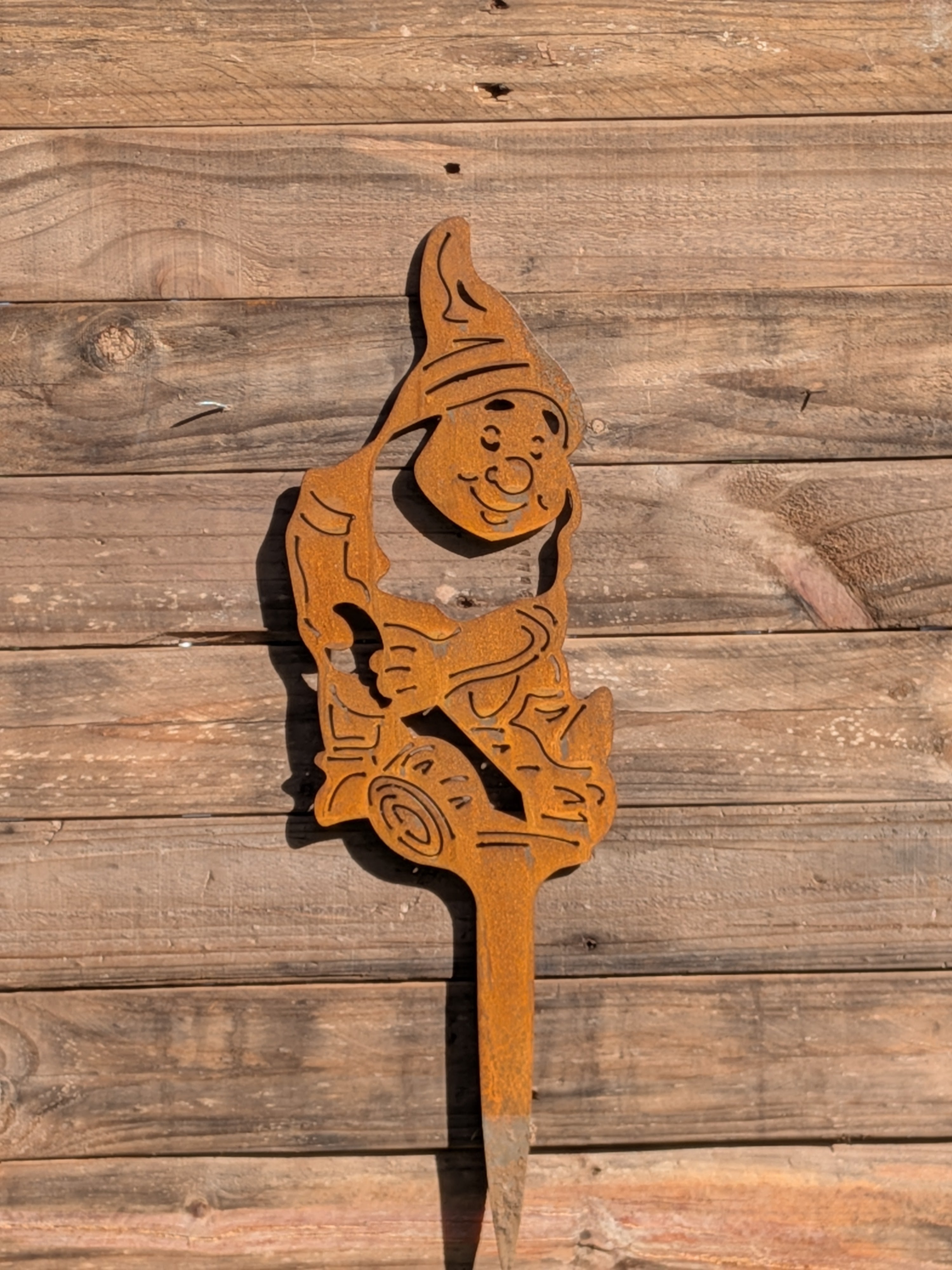Rustic Corten Steel Garden Gnome (Sitting on Log)