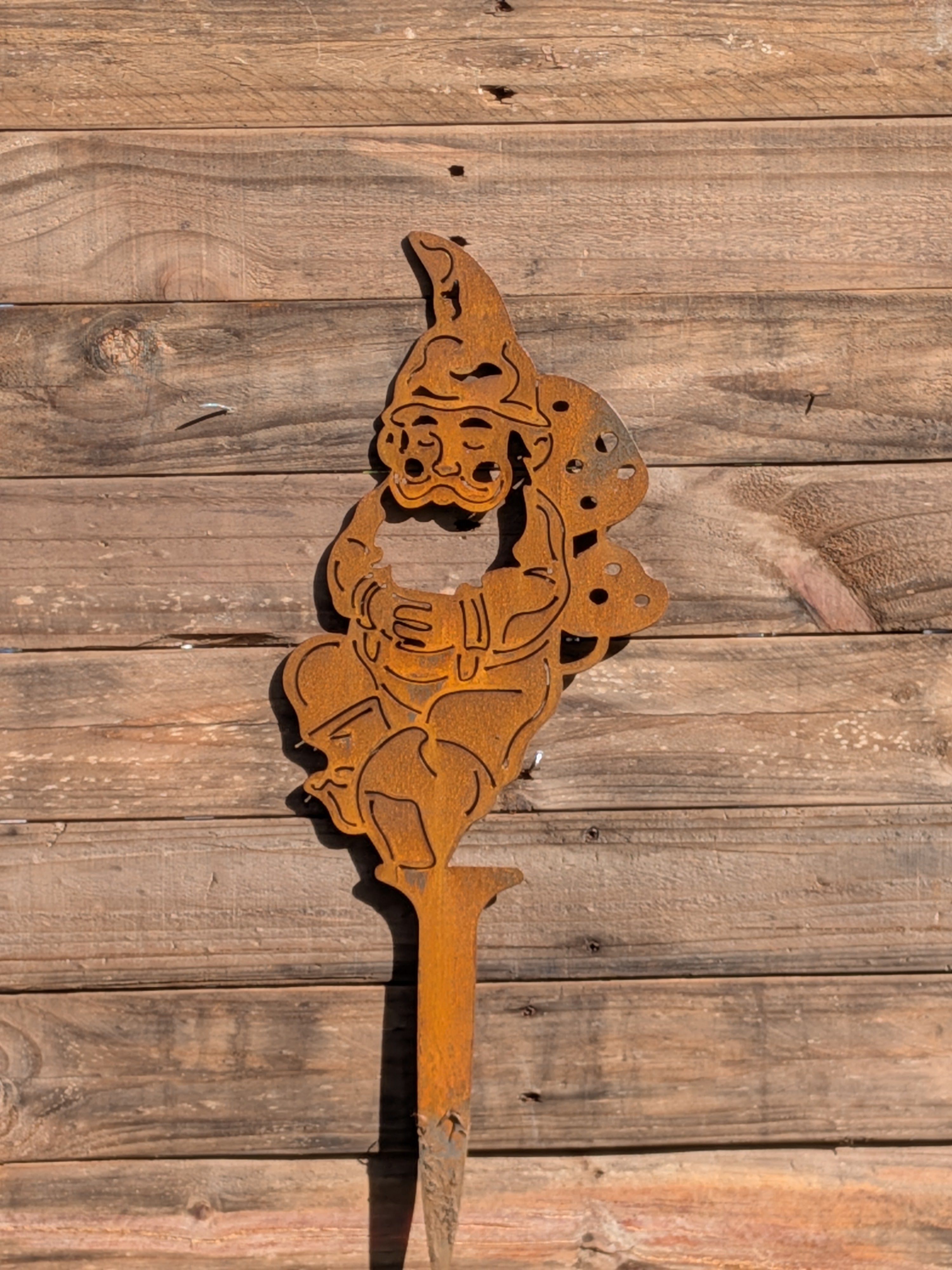 Rustic Corten Steel Garden Gnome (on mushroom)