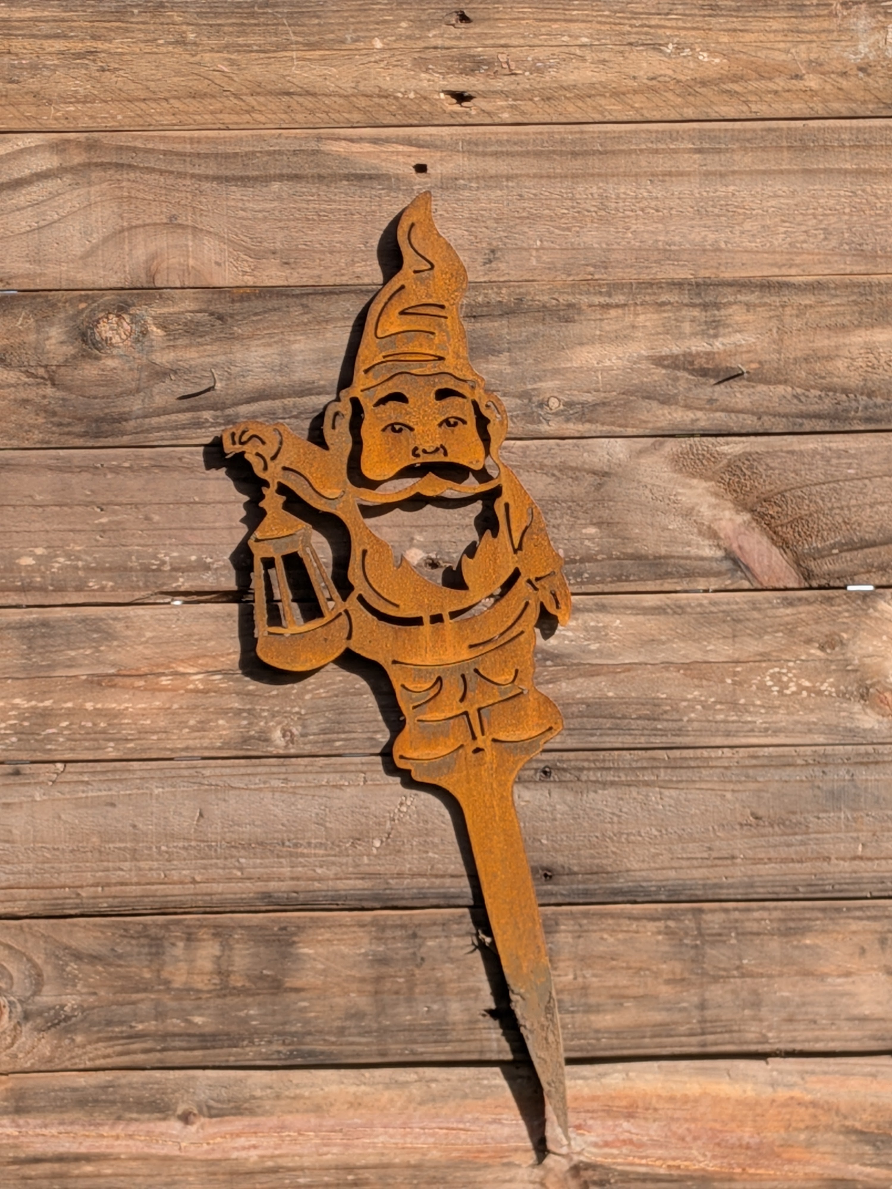 Rustic Corten Steel Garden Gnome (Holding Lantern)