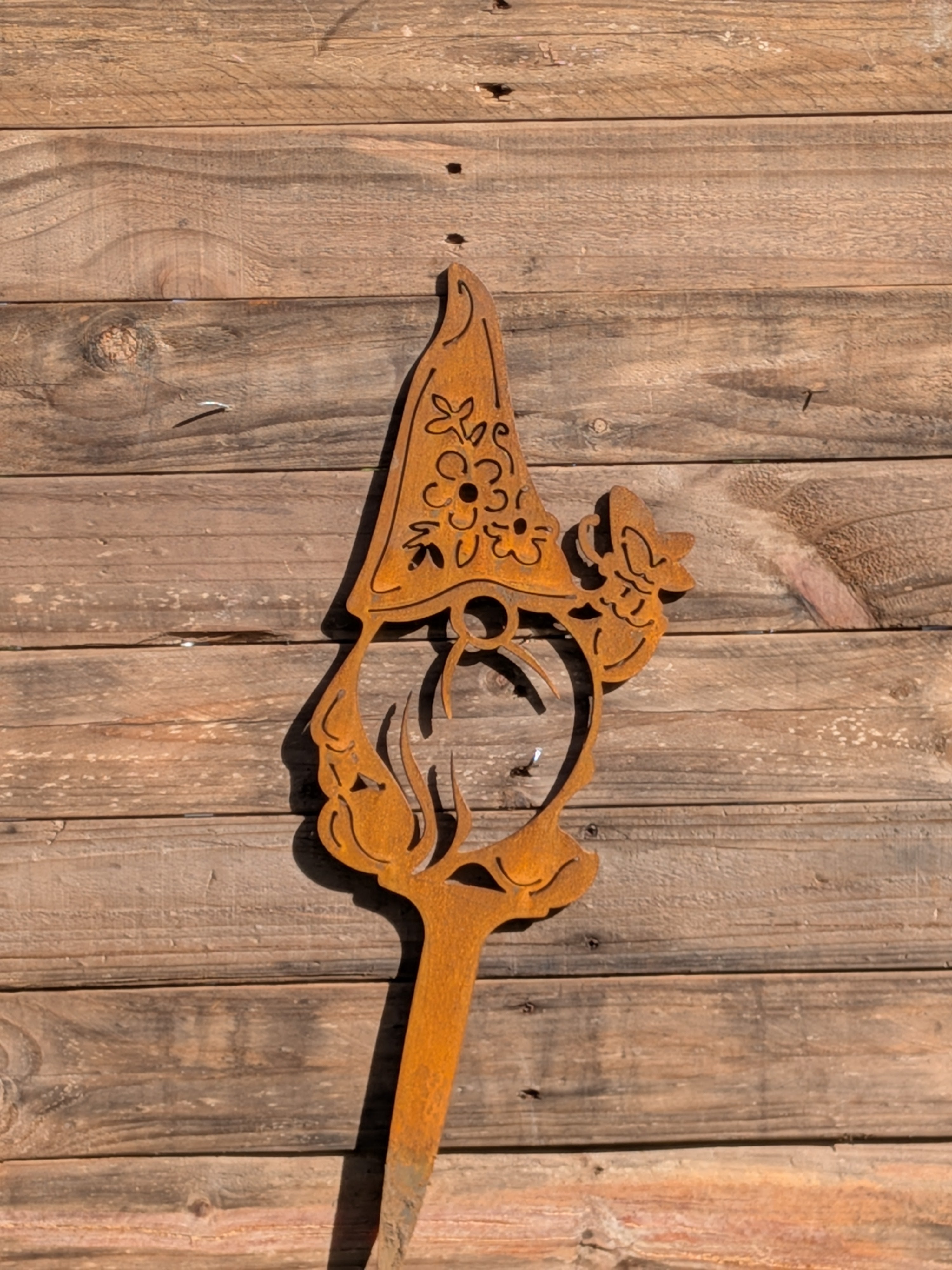 Rustic Corten Steel Garden Gnome (With Butterfly & Floral Hat)