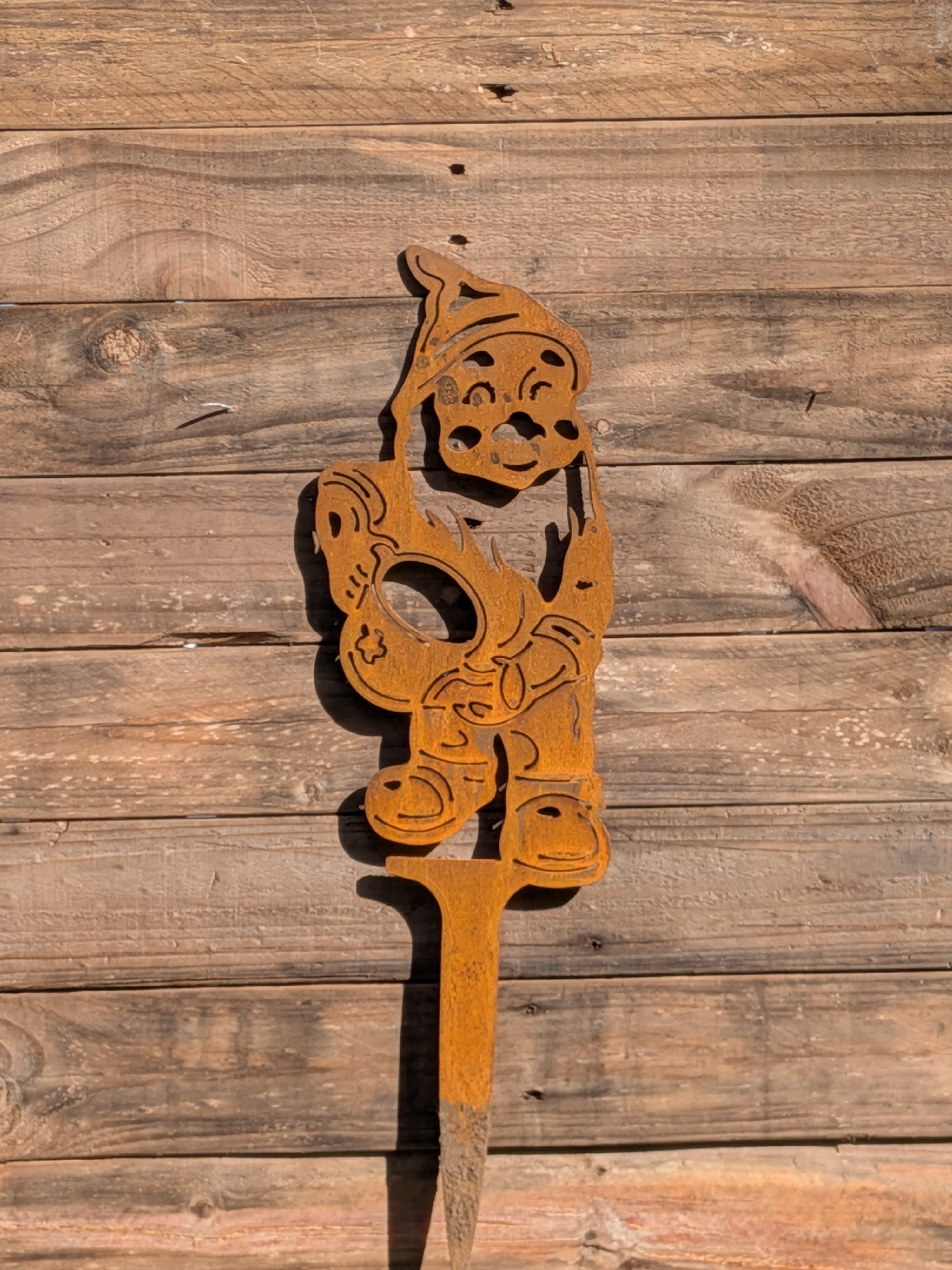 Rustic Corten Steel Garden Gnome (Holding Pot)