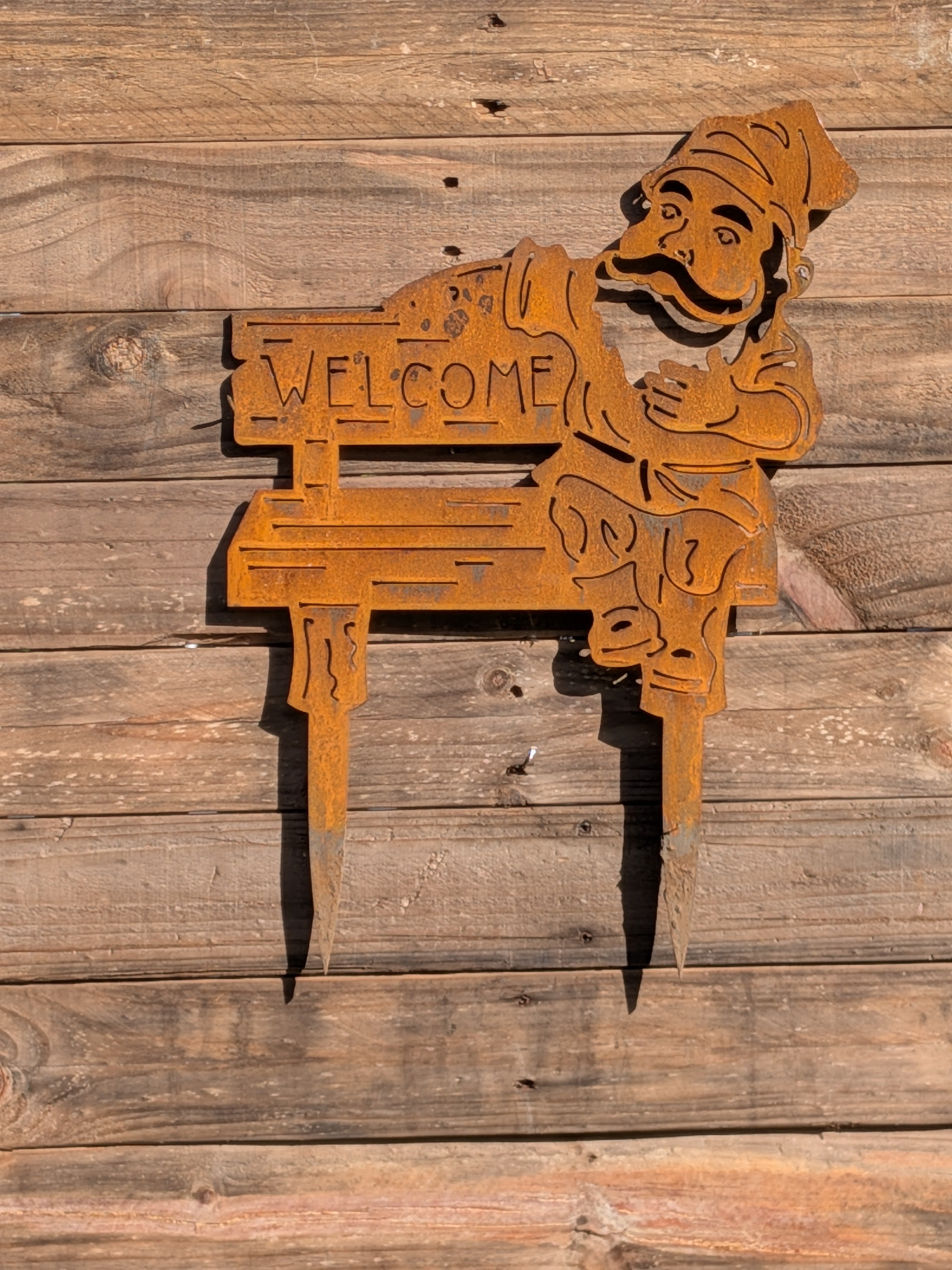 Rustic Corten Steel Garden Gnome (Welcome Sign on Bench)
