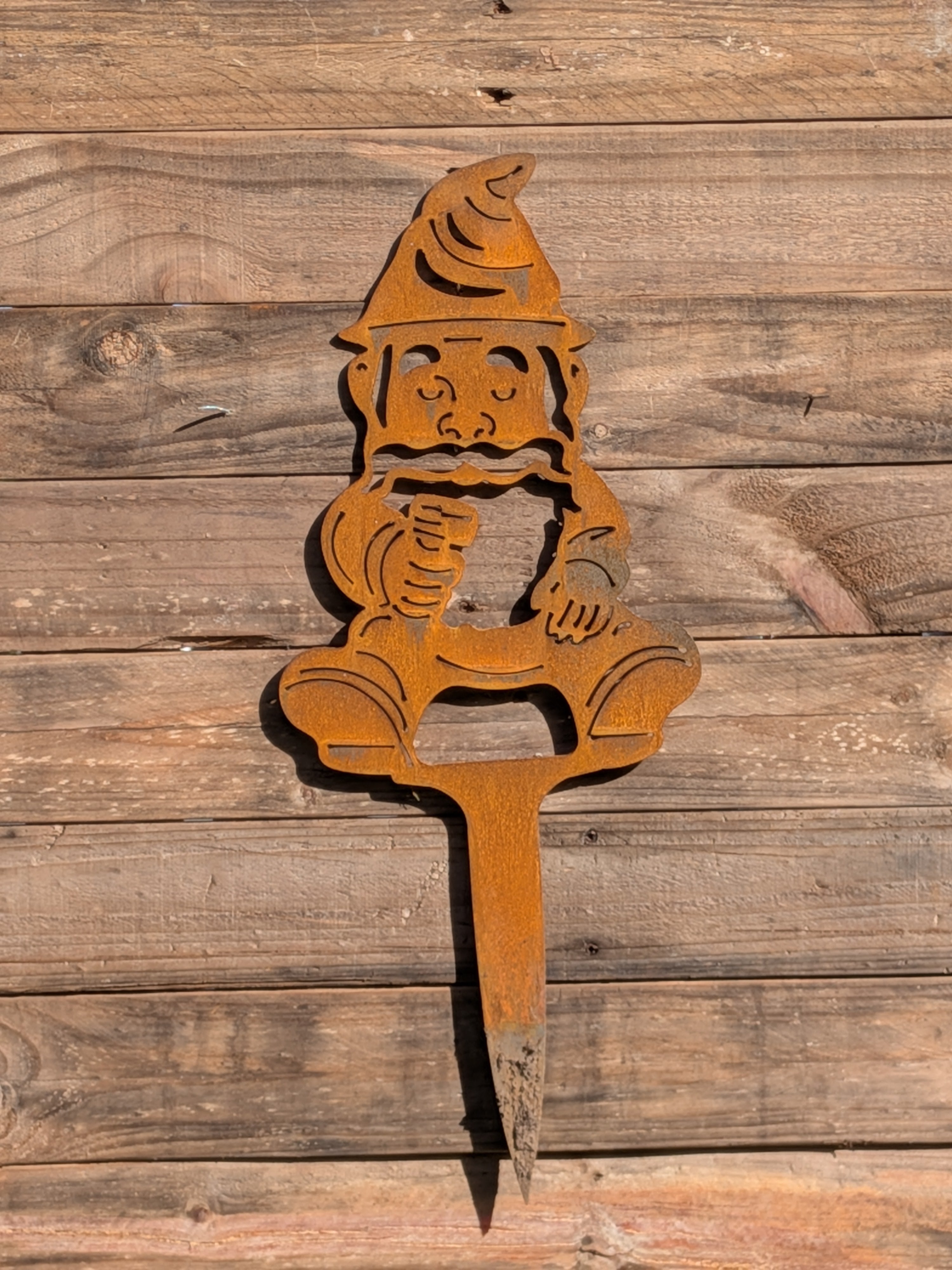 Rustic Corten Steel Garden Gnome (Holding Beer)