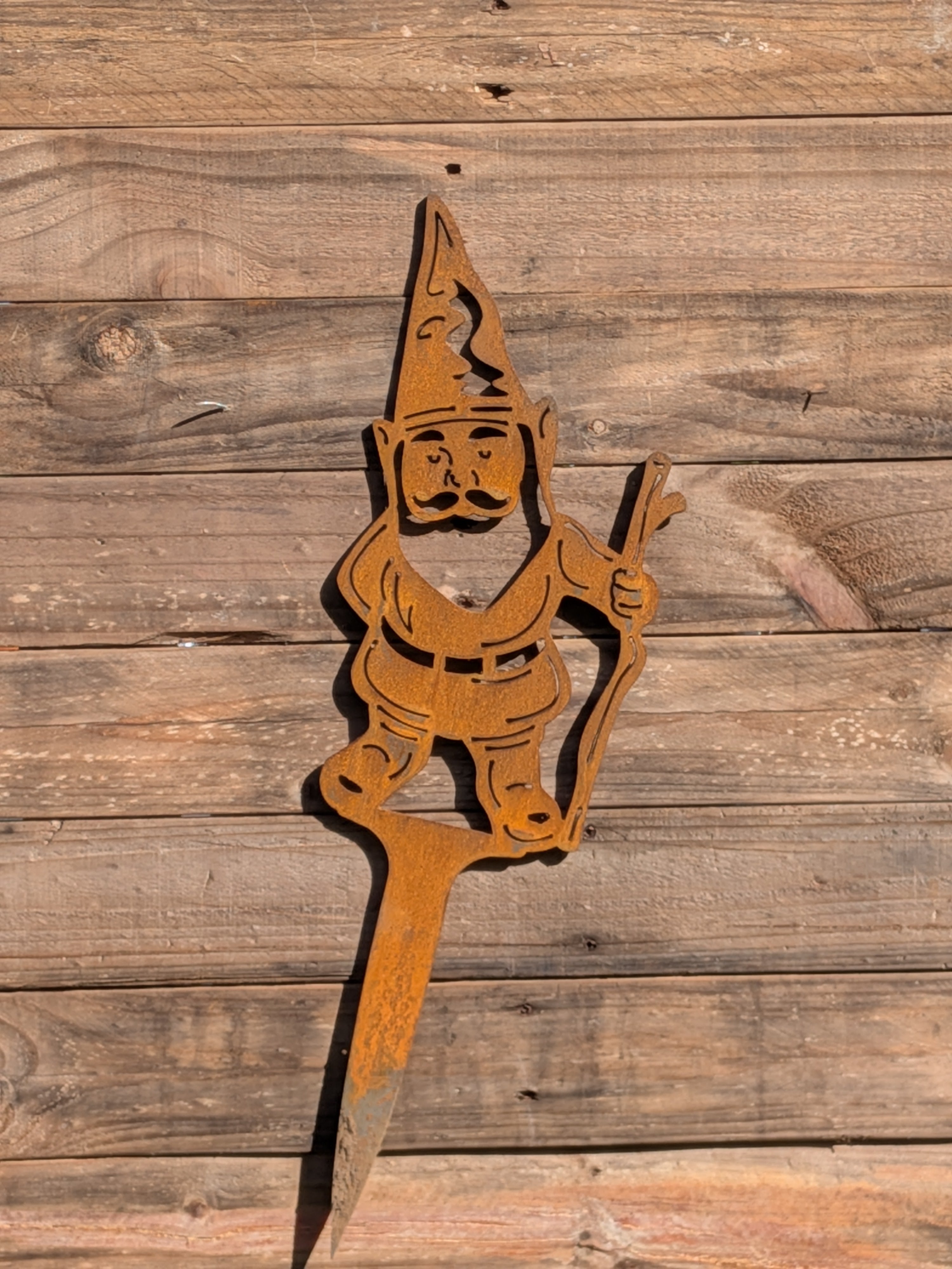 Rustic Corten Steel Garden Gnome (With Walking Staff)